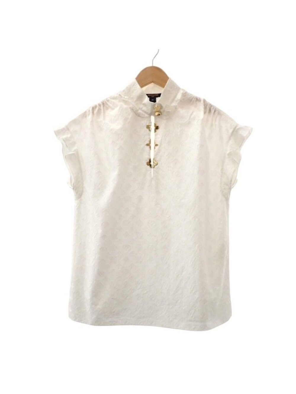 Louis Vuitton Monogram Ruffle Blouse Sleeveless Cotton White Gold 34